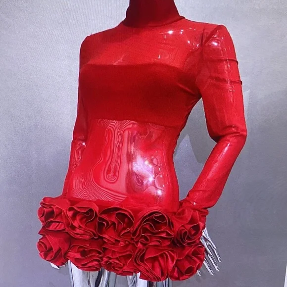 Red Ruffled Bodycon Dress with Long Sleeves